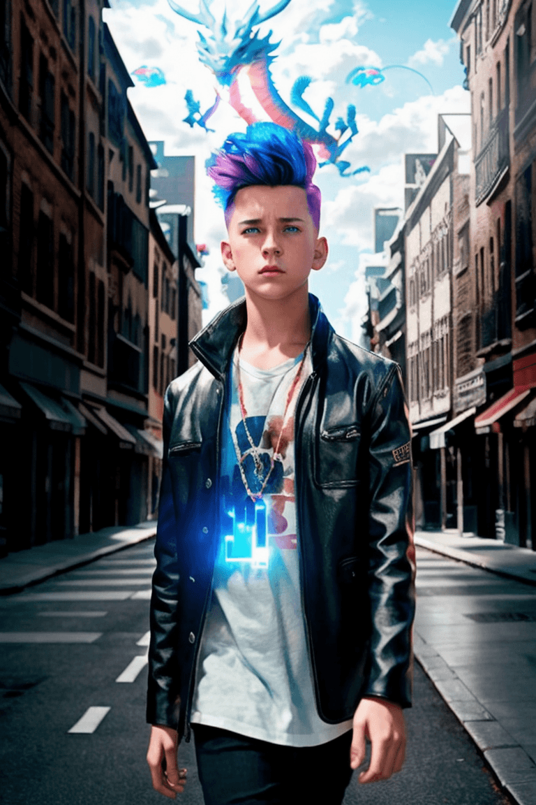 AI generated: movie poster - Movie poster, young boy walking down the street, highlights, colored hair, blue eyes,...