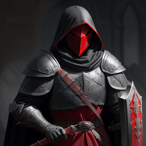 AI generated:  man cleric from the Middle Ages, with face covered by shade of dark-red hood, in scaled black armou...