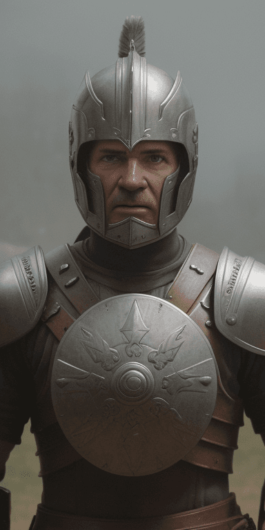 AI generated: Male spartan warrior mel gibson harrison ford hybrid face closeup face looking into camera in a batt...