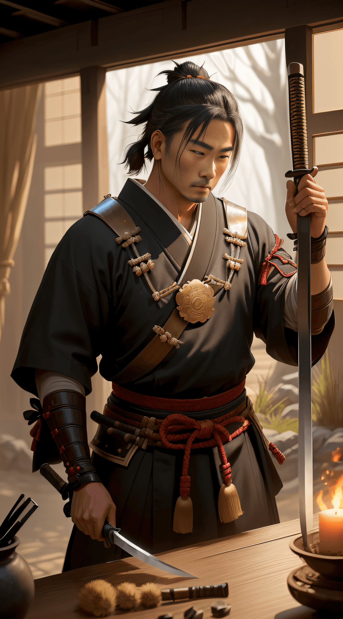 AI generated: In the twilight of the samurai era, an aging warrior, retired from the tumultuous life of battles, n...