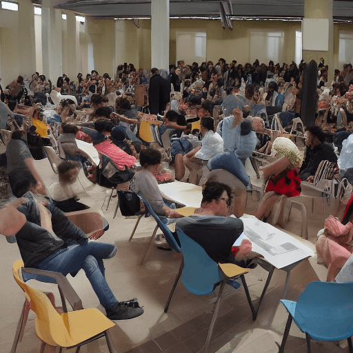 AI generated: Des personnes en réunion dans une salle fermée assis sur des chaises, qui travaillent sur des sujets...