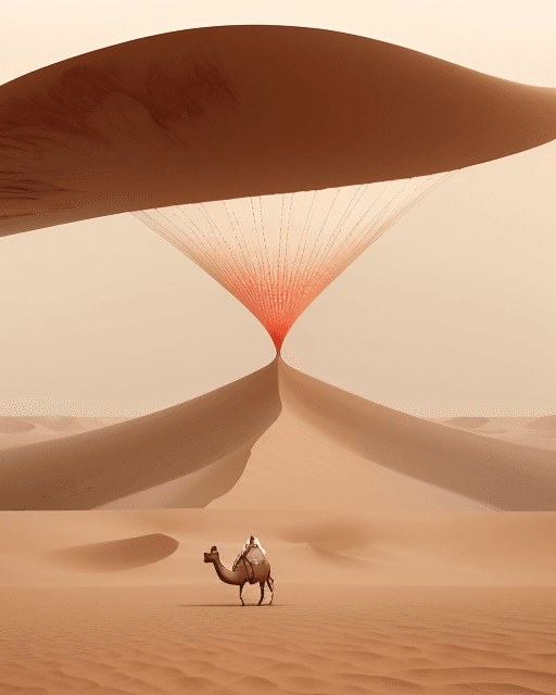 AI generated: A surreal image of a small camel with white and red details, floating on a vast and calm desert. The...