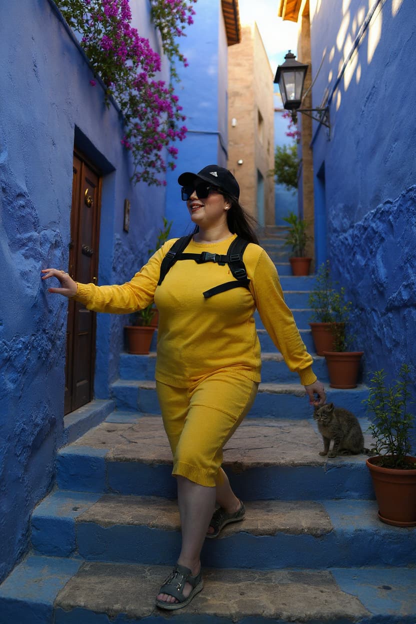 AI generated: Edit this image to place a woman in the iconic blue-painted streets of Chefchaouen, Morocco. Positio...