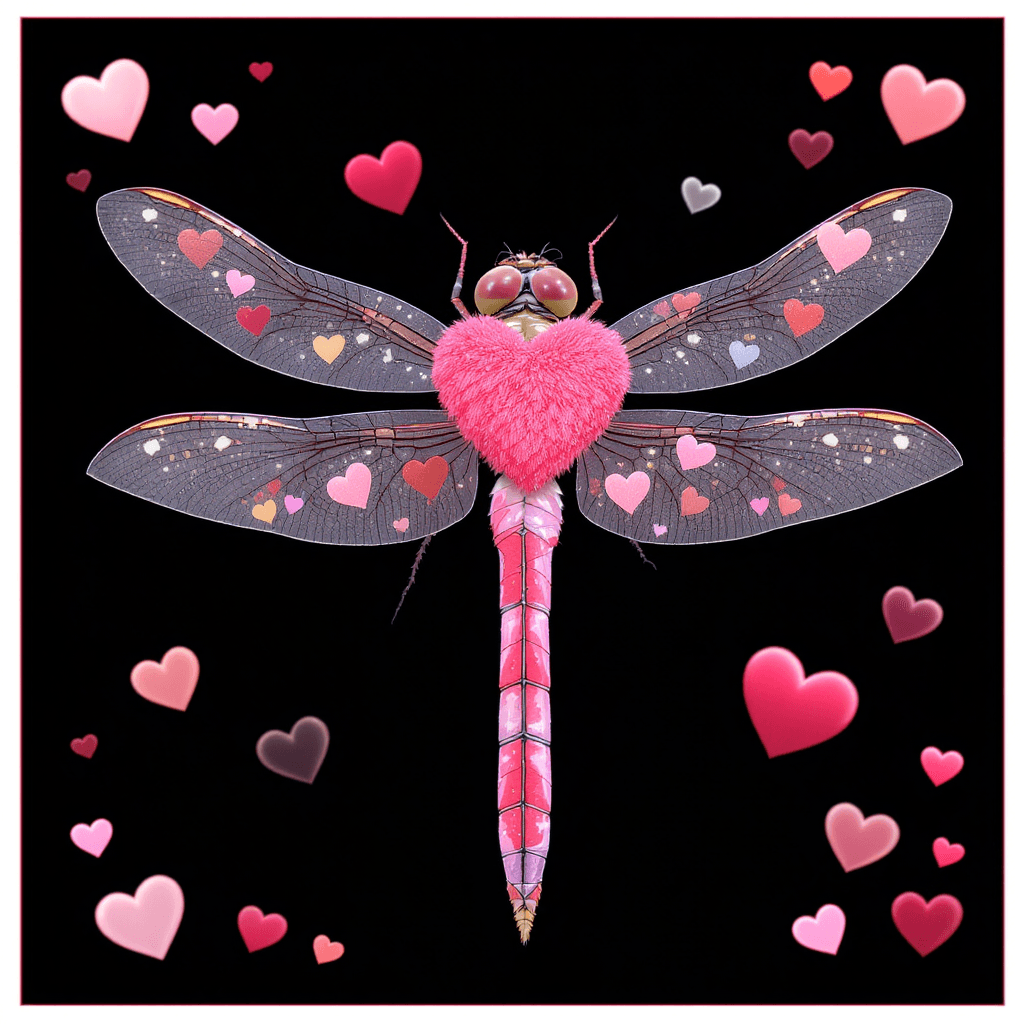 AI generated: a photorealistic illustration, of a dragonfly, with puffy, beautiful hearts, in a square border, sma...