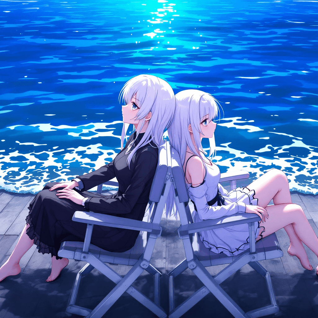 AI generated: Two anime girls with white hair are sitting on chairs on the sea, leaning back to back