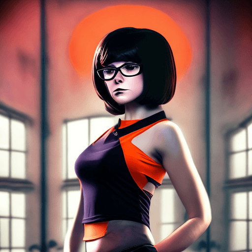 AI generated: velma from scooby-doo, beautiful charismatic girl, showing piercing, athletic body, a woman an orang...