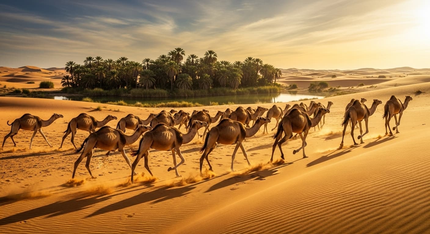 AI generated: À lot of camels running in a désert with palmtrees 