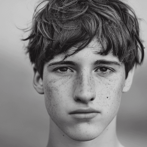 AI generated: detailed and realistic portrait of a teenage boywith a few freckles, round eyes and short messy hair...