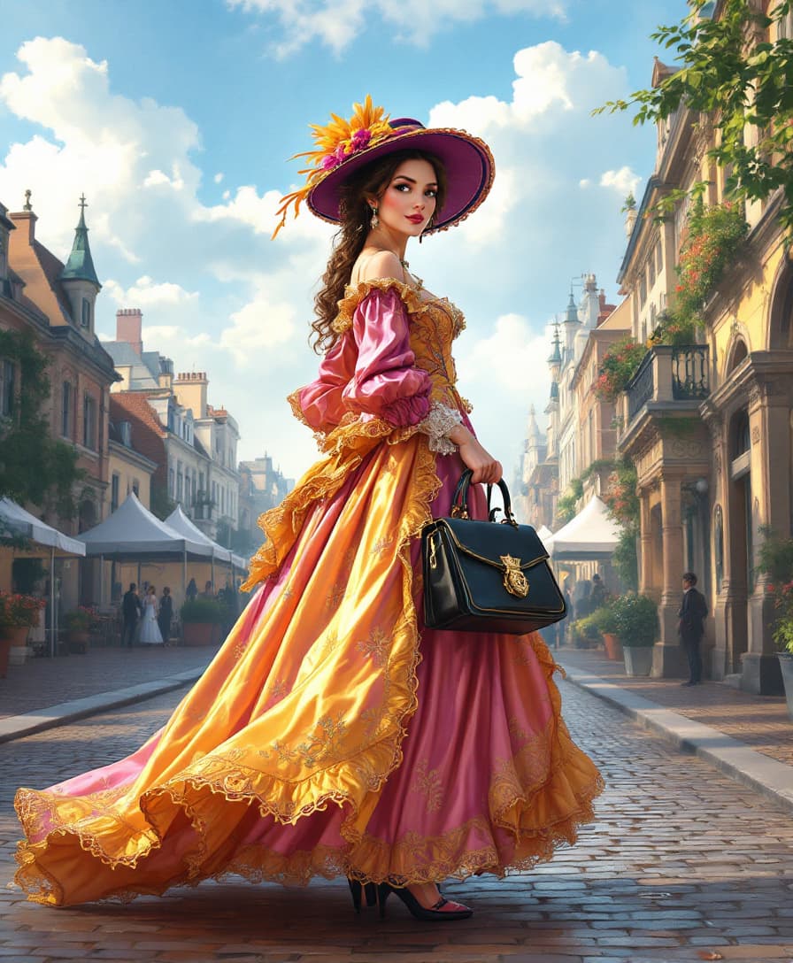 AI generated: Prompt

woman vibrant rococo-dress silk, gold trim lace. hat. carries black satchel bag decorative g...