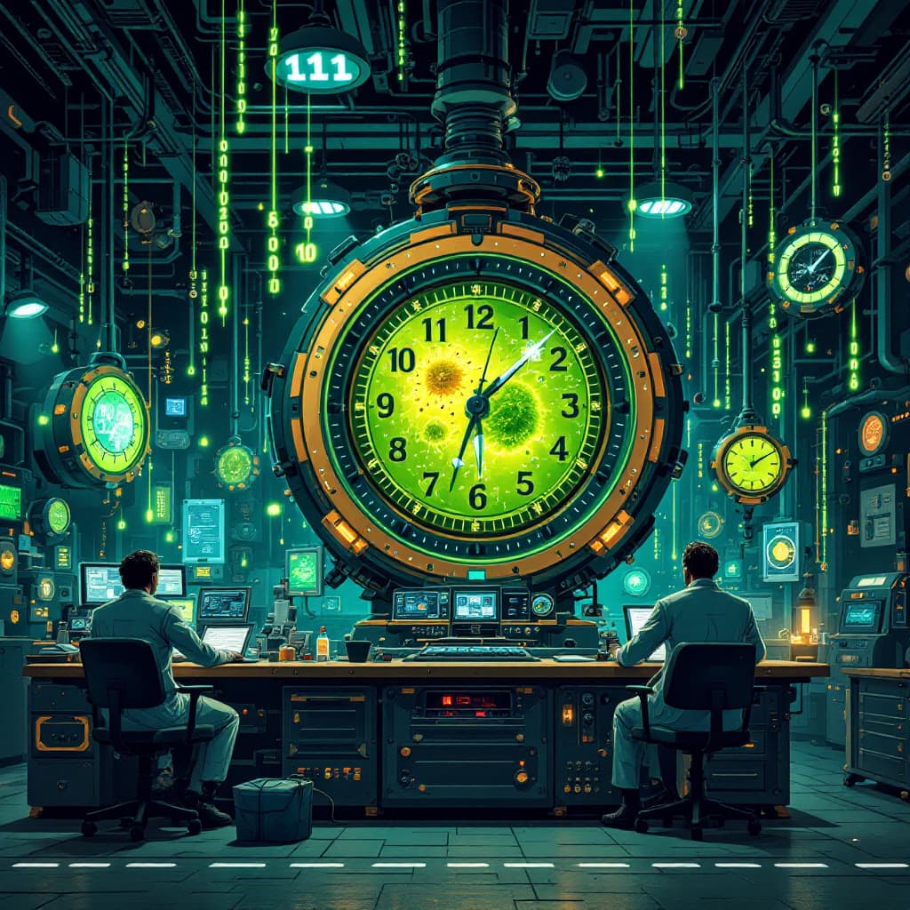 AI generated: Steampunk lab with scientists and bioinformatics (with screens with numbers falling in bright green)...