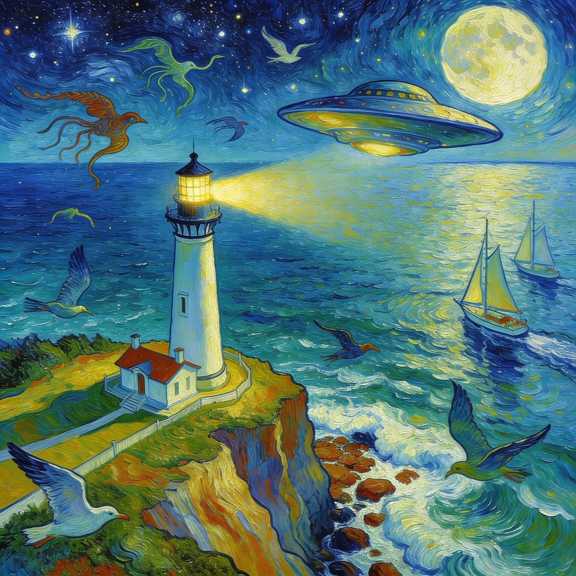 AI generated: In the style of Vincent Van Gogh, the Montauk lighthouse sitting on a cliff by the ocean in the ocea...