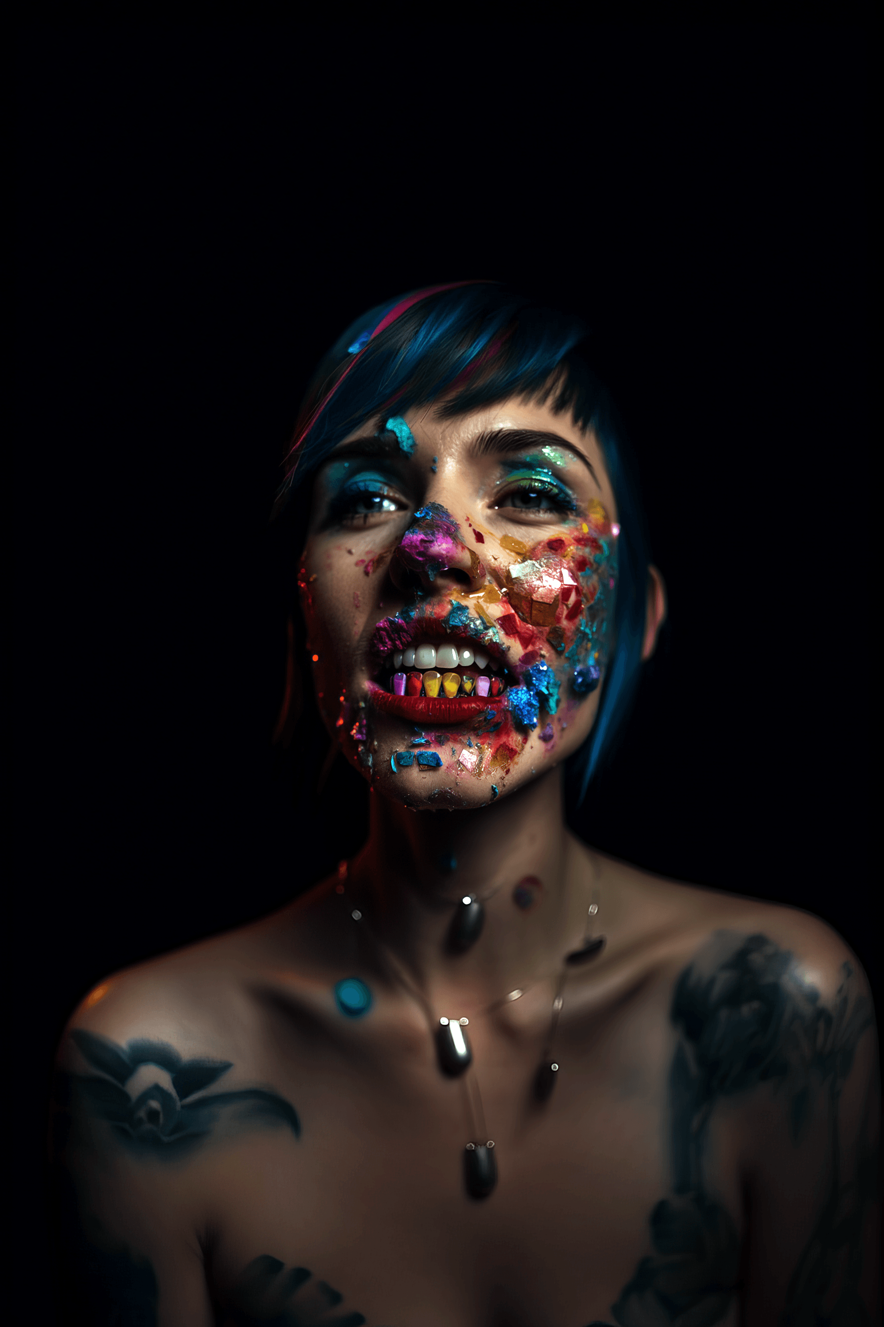 AI generated: person wearing plastic teeth, in the style of interplay of light and color, tattoo, glass fragments ...