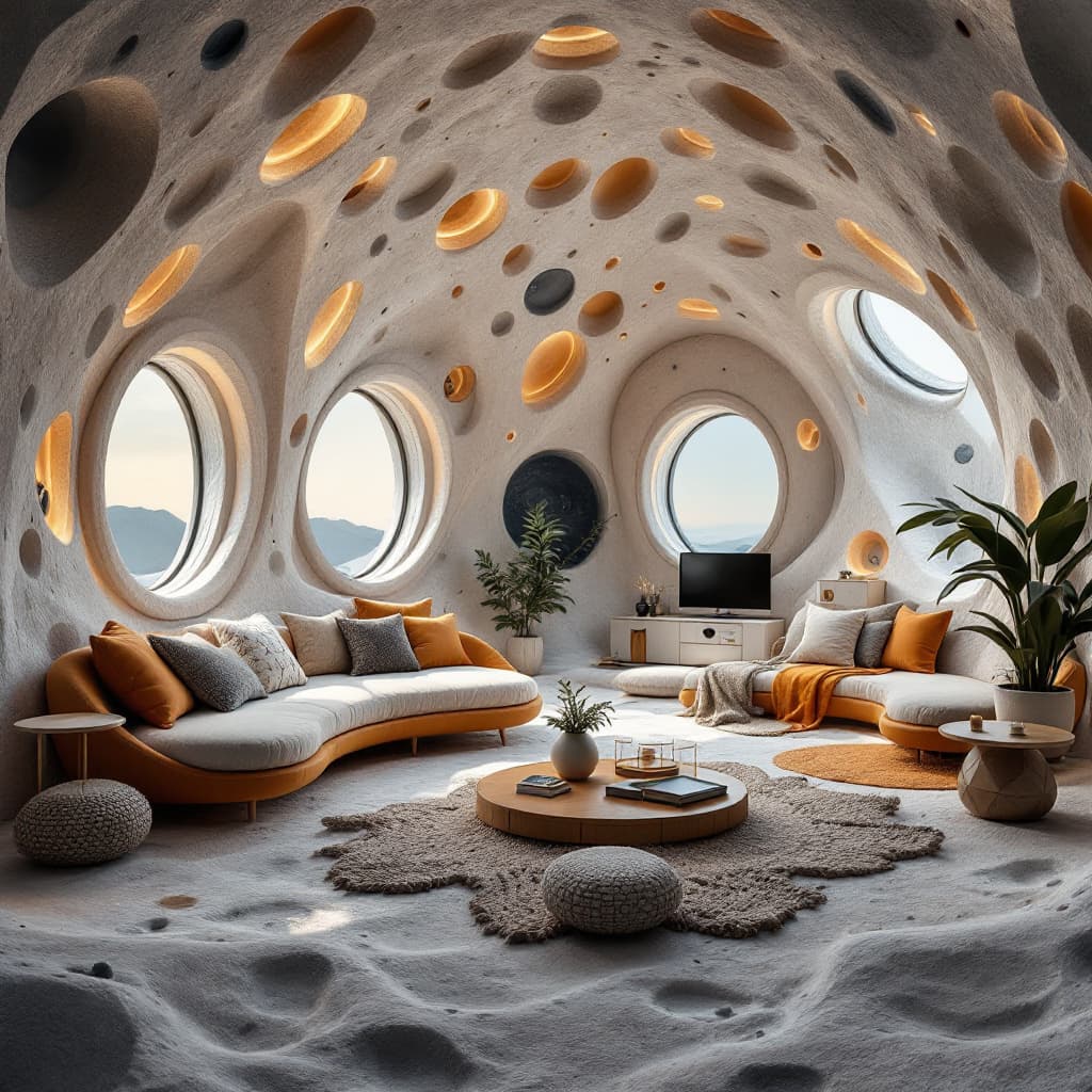 AI generated: Interior design of a house on the moon, beautifully decorated with artistic and inspiring design pat...