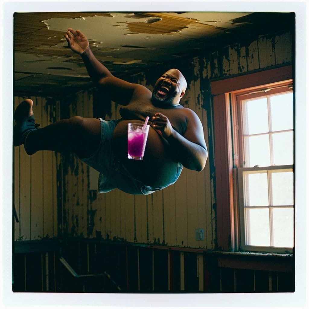 AI generated: grainy 80's photograph quality polaroid of big fat bald elated black man floating in the air with a ...