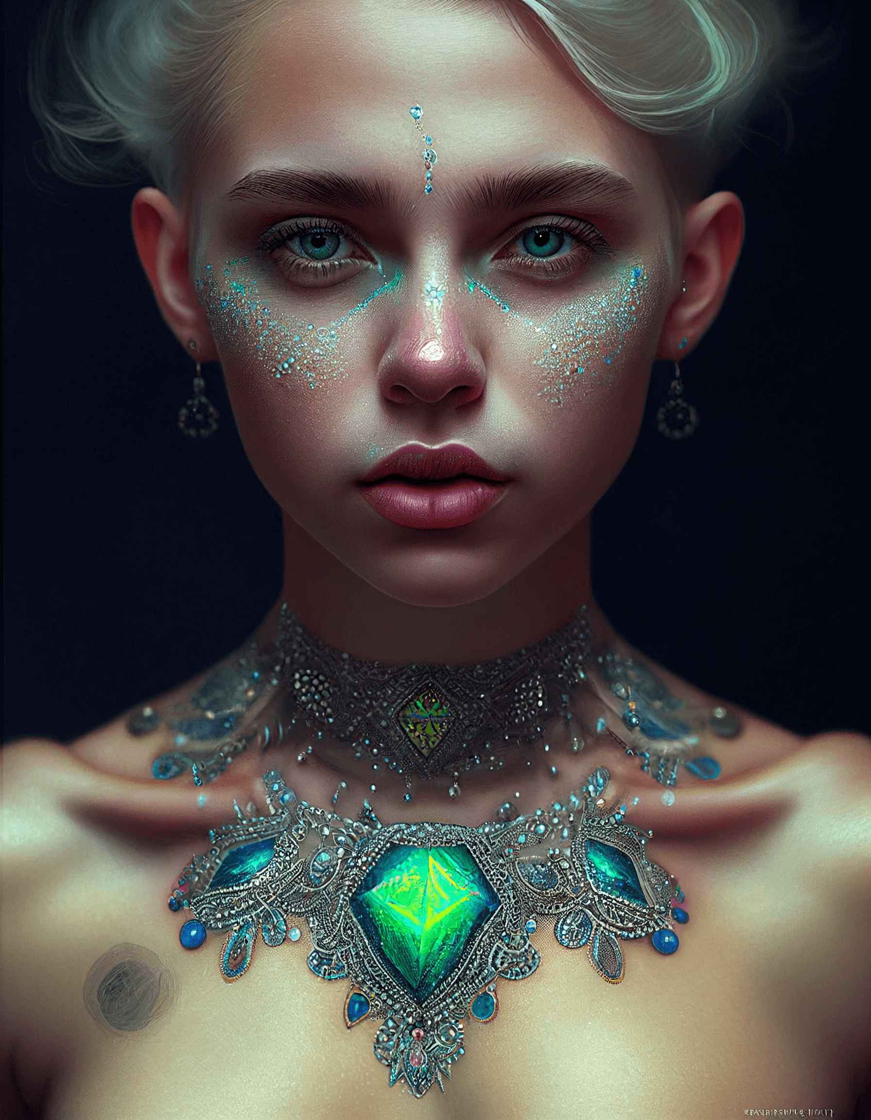 AI generated: full body portrait of a beautiful woman with white skin complexion wearing a gemstone necklace conta...