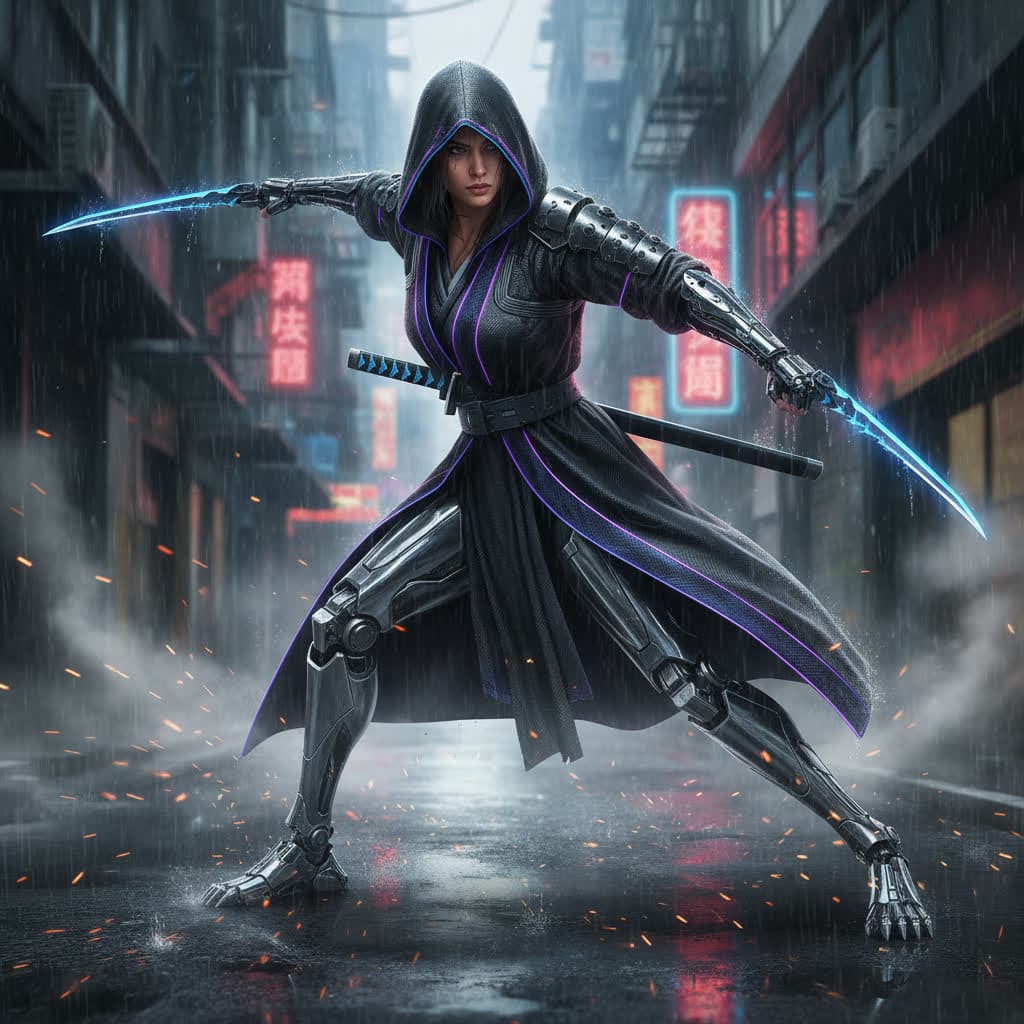 AI generated: female cyberpunk street samurai mid-draw, carbon katana, mantis forearm blades, armored kimono coat,...