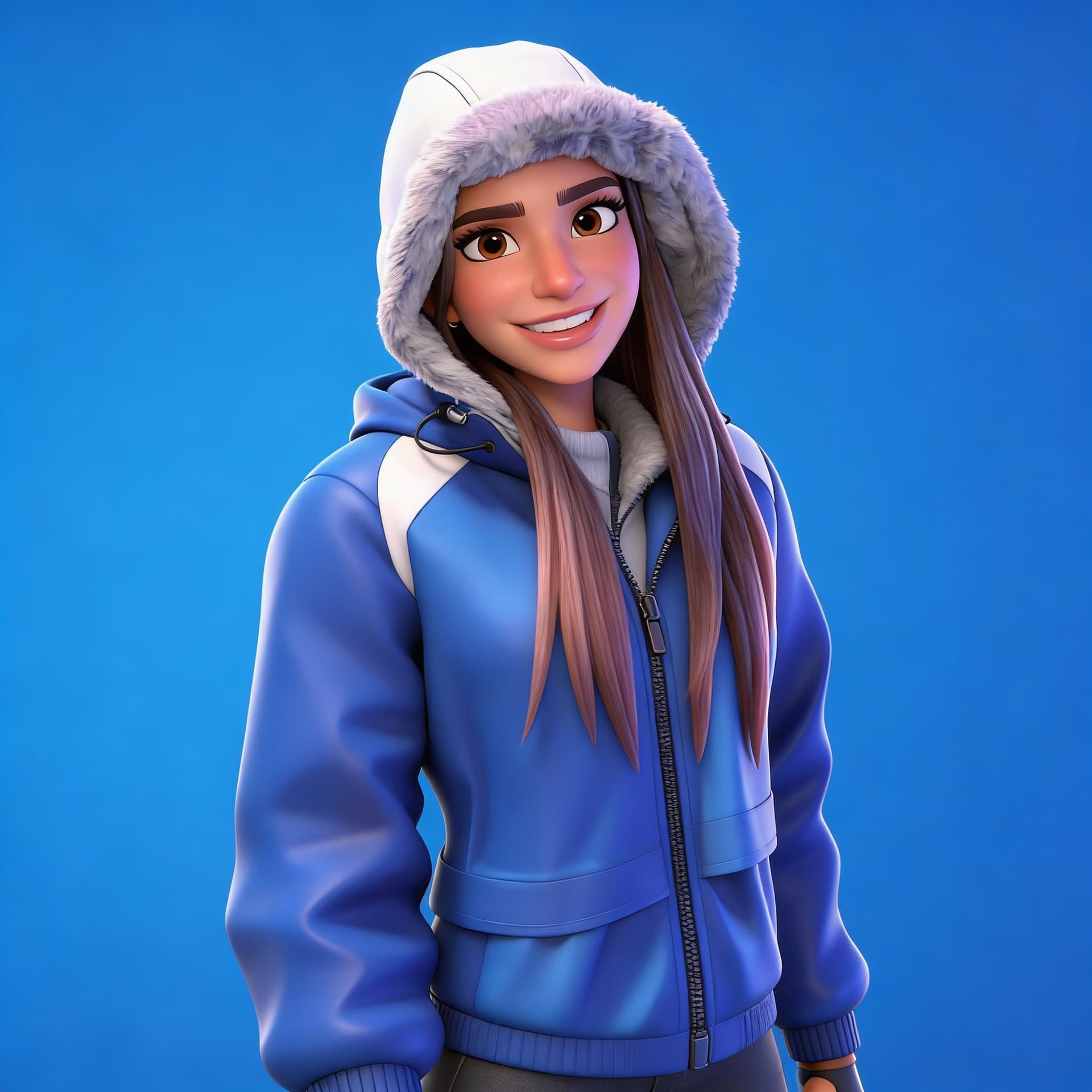 AI generated: Transform her into a stylized 3D Fortnite character. Same pose, same clothing.