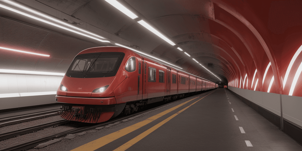 AI generated: photograph of a high tech new red Train in a tunnel