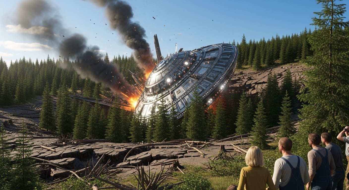 AI generated: a highly detailed UFO crashed in a realistic spruce forest, smoke coming from the UFO, Cracked groun...
