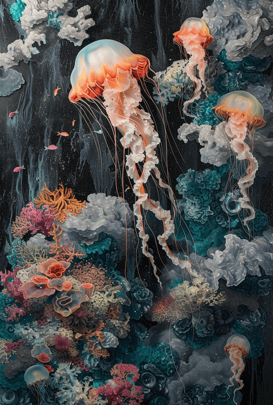 AI generated: a 3d painting of jellyfish with colorful fish and clouds, in the style of dark and chaotic, light bl...