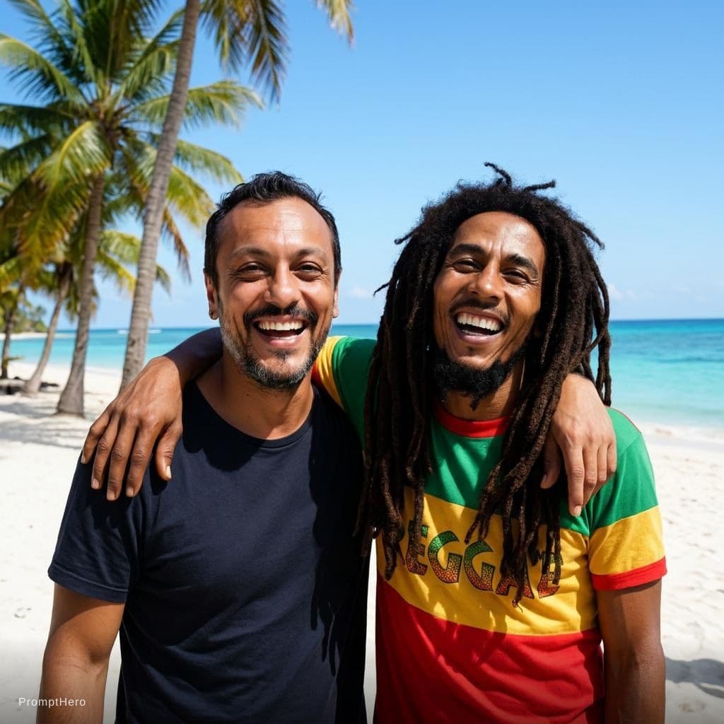 AI generated: with bob marley at a tropical beach, sunny day, both smiling