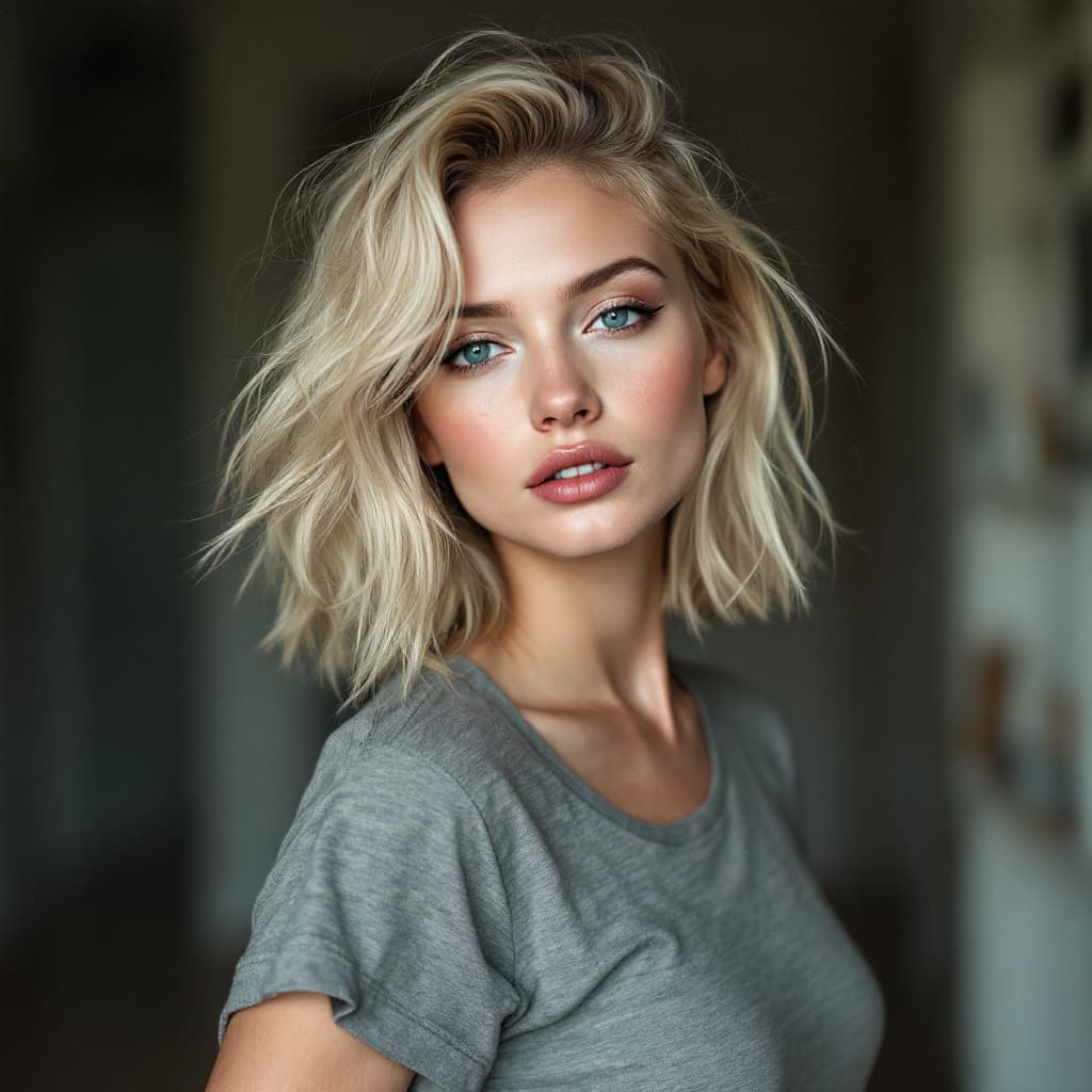 AI generated: Russian white skin blonde with skinny hot face tshirt