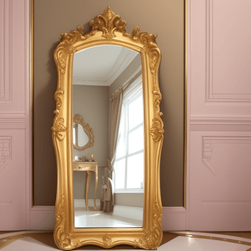 AI generated: image of a gold detailed floor length mirror in a girls bedroom. there is no one in the mirror
