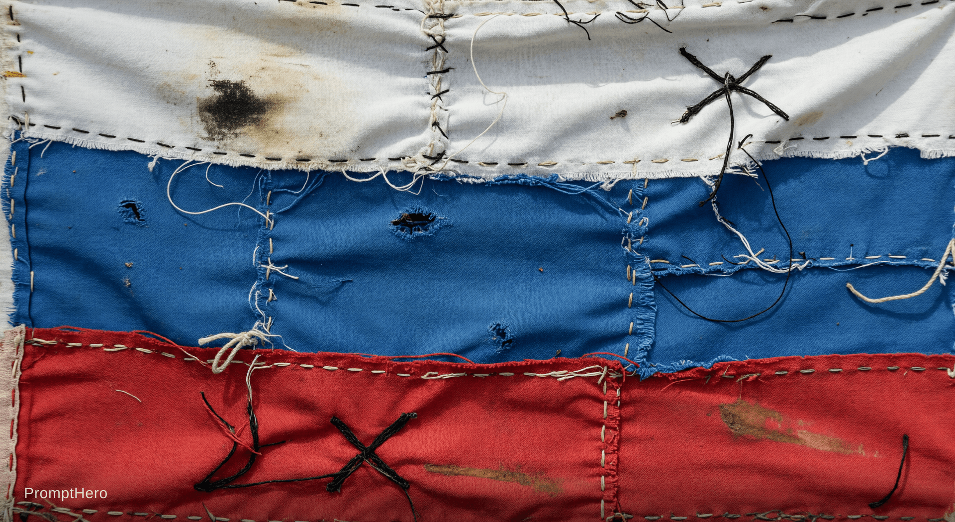 AI generated: The Russian flag is made from rough scraps of fabric (white, blue, and red). The scraps are roughly ...