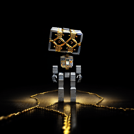 AI generated: A robot with a coin or token in place of a heart inside its metallic chest, standing in front of a b...