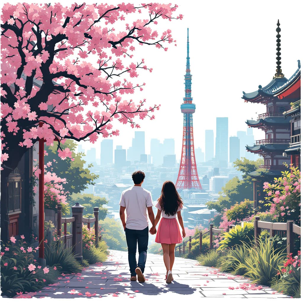 AI generated: Summer trip in the Tokyo , African sakura lover man and wife , sweetheart couple, t-shirt design,ban...