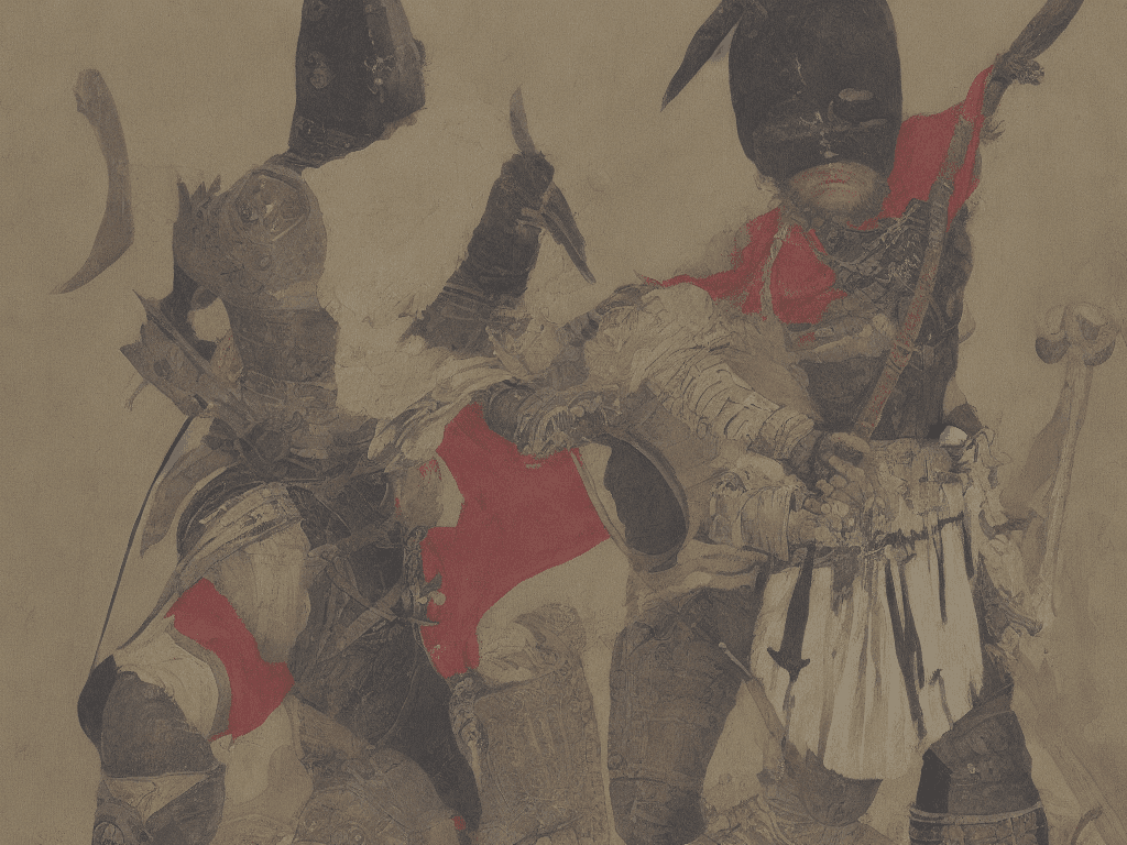 AI generated: A painting of a mysterious warrior, warrior is wearing a wool cloak and hood that covers his face, t...