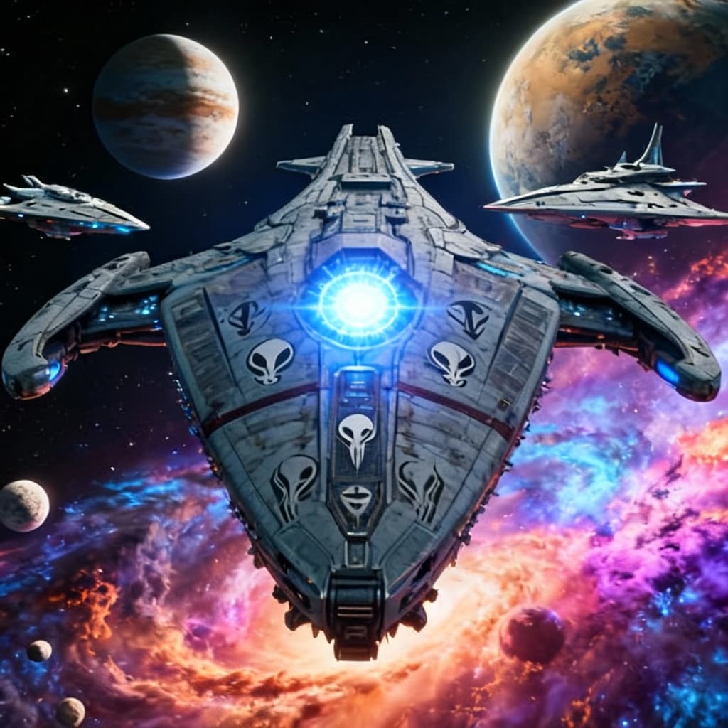 AI generated: Imagine, in detail, an alien spaceship to show a new design. An alien Mega Supercarrier. Show it in ...