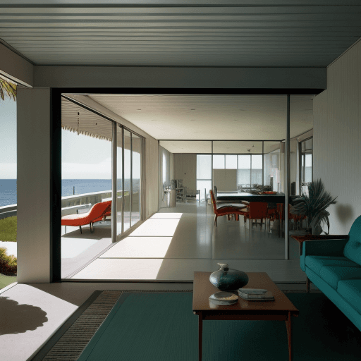 AI generated: Hyper realistic eye level exterior photo of a mid century modern style house overlooking the ocean, ...