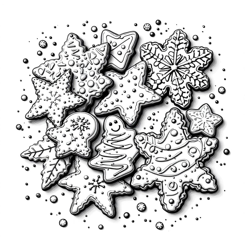 AI generated: Christmas cookies, coloring page , white and black 