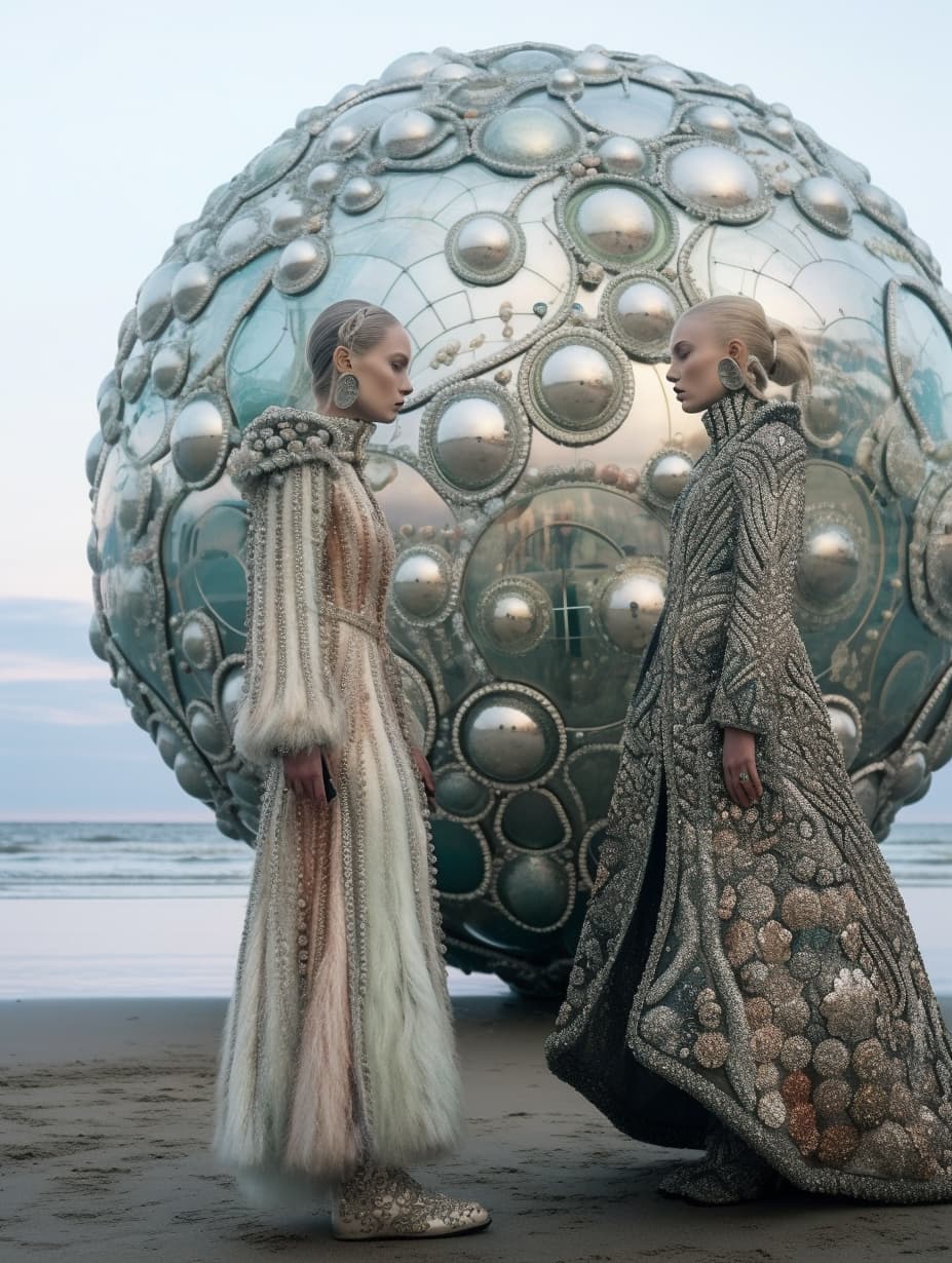 AI generated: a couple of women standing next to each other on a beach, a surrealist sculpture, tumblr, slavicturi...