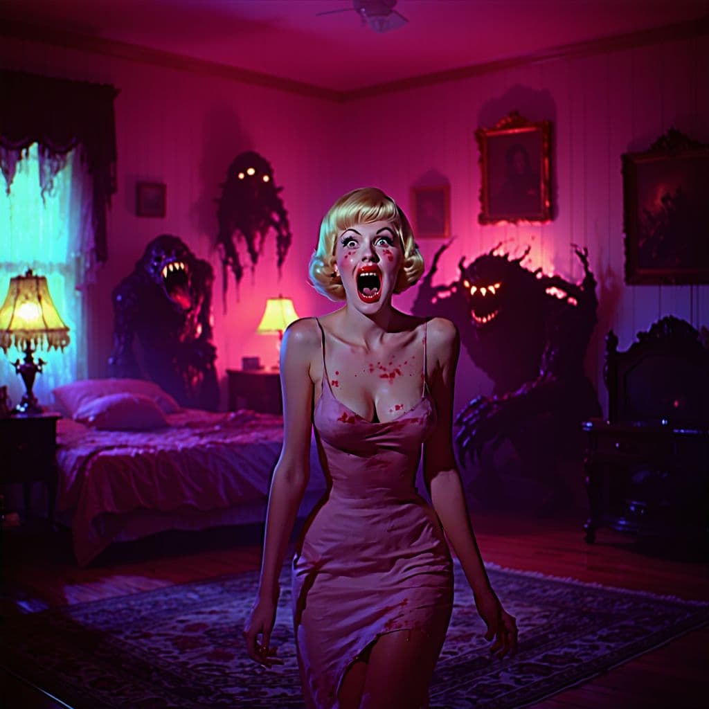 AI generated: In the hyperreal style of Tom Bagshaw, a vibrant, dynamic, horror-inspired, colorful image of an att...