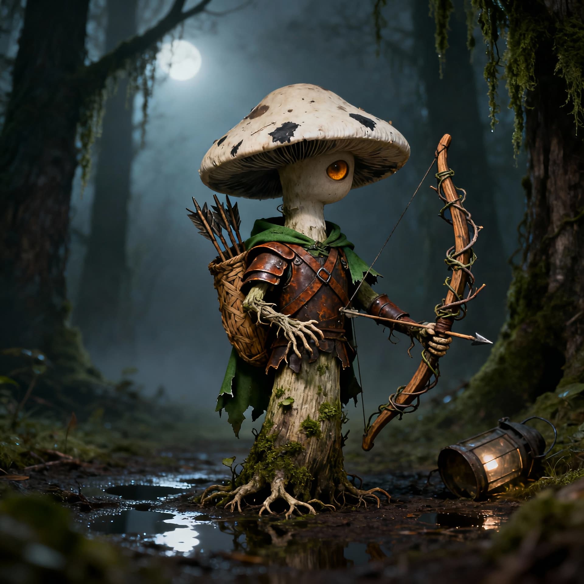 AI generated: "Un pequeÃ±o y siniestro arquero hongo de pie solo en un claro brumoso del bosque al anochecer. Su c...