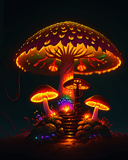 AI generated: (dark shot:1. 1), luminous backlit glowing forest mushroom, drops, neon lights around the mushroom, ...