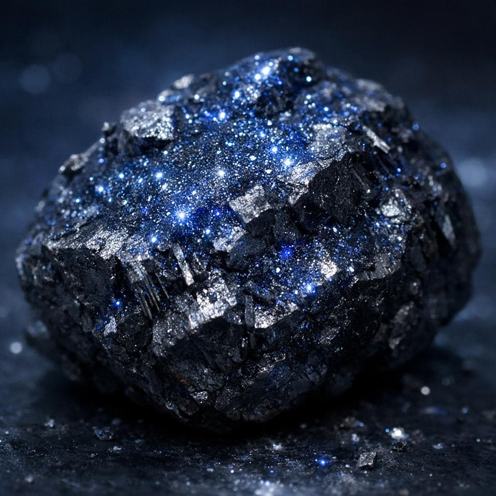 AI generated: a magnetic rock that sparkles with specs of navy blue like snow reflecting moon light