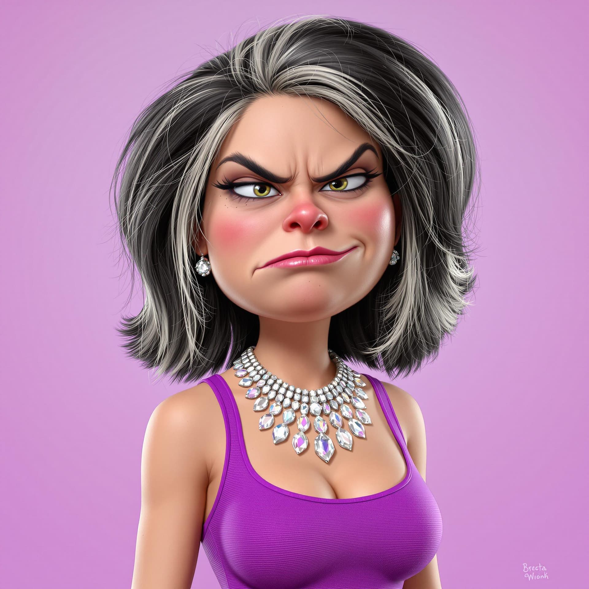AI generated: Create a 3D render of a funny caricature featuring a young American woman with black hair adorned wi...