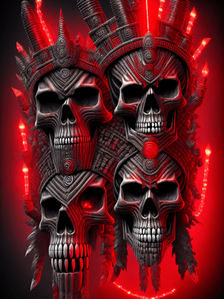 AI generated: A photorealistic digital illustration of an Aztec god with skull face, pointing at viewer and lookin...