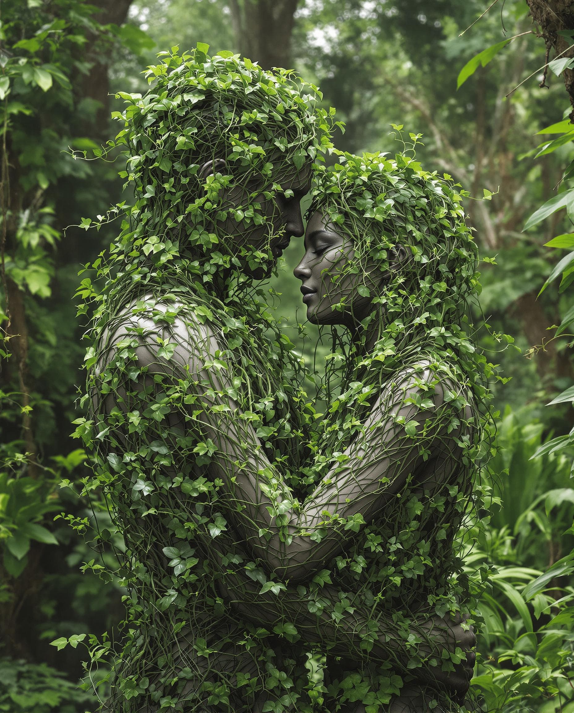 AI generated: two people hugging each other in the jungle, in the style of ethereal figures, made of vines, physic...
