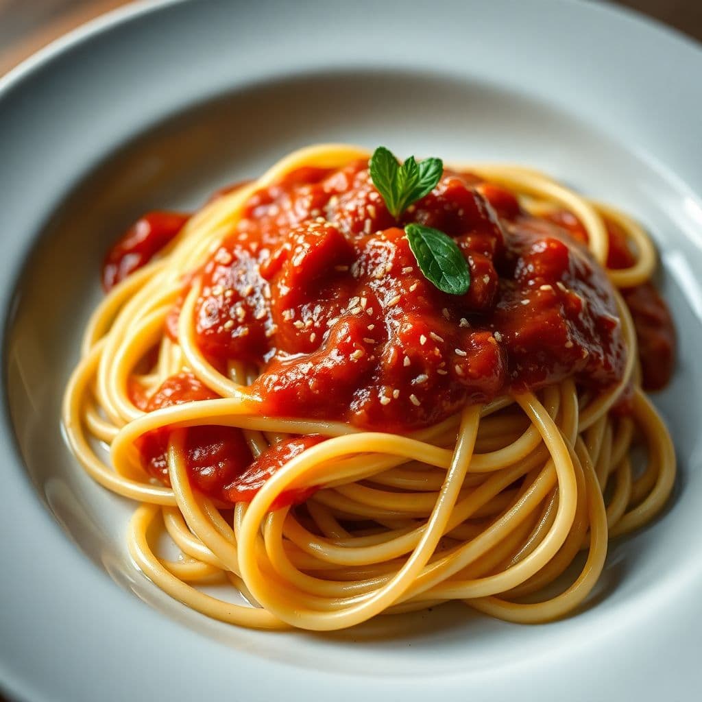 AI generated: Extreme close-up, a plate of spaghetti with marinara sauce,, photorealistic, in the style of high qu...