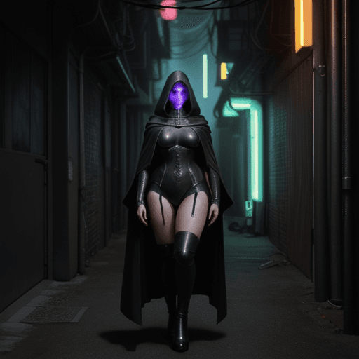 AI generated: Photo of a thick mysterious android woman with a long cloak in a dark alley of a cyberpunk city