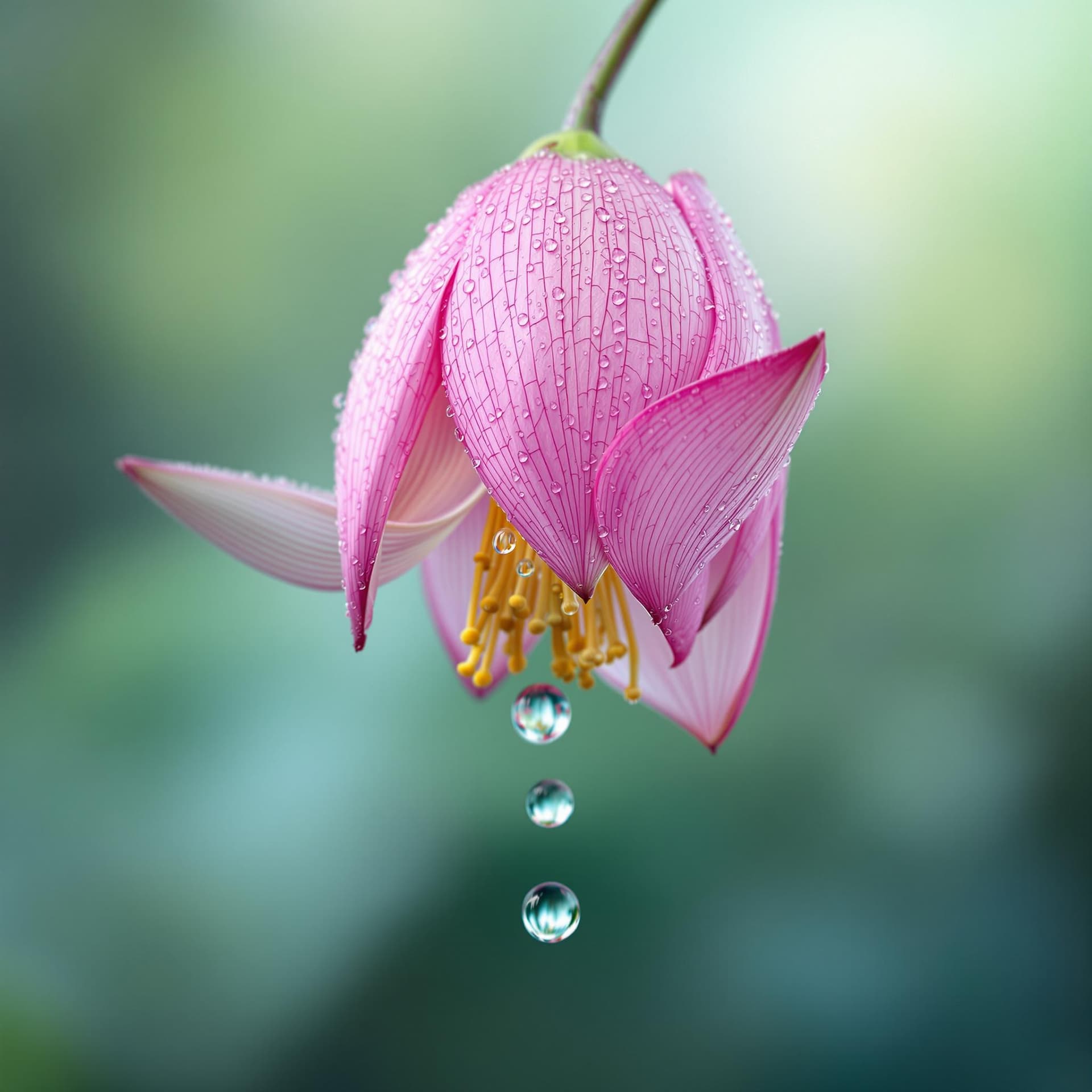 AI generated: Create a highly detailed and ultra-realistic close-up image of a pink lotus bud hanging downwards, c...