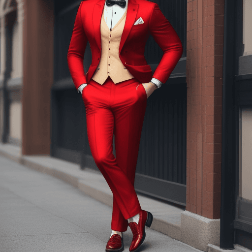 AI generated: Handsome bearded hairy red hair gentleman, wearing a 3 pieces red fitted suit  and high heell shoes....