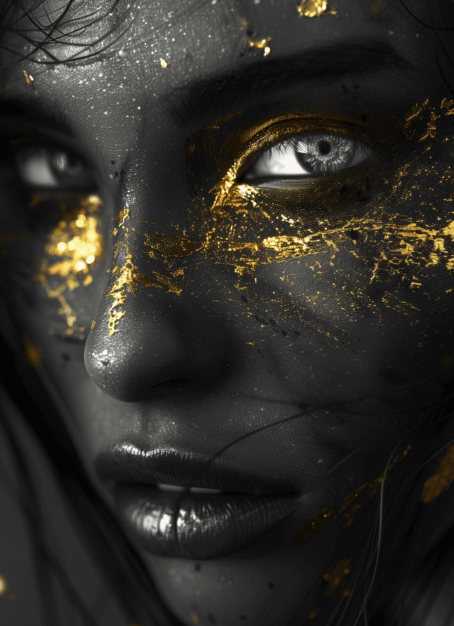 AI generated: a dark looking girl with gold makeup on her face, in the style of cryengine, black and white art, xb...