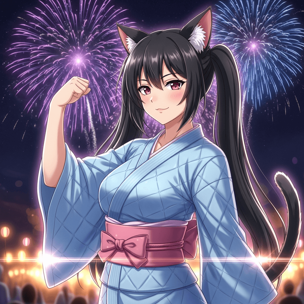 AI generated: An anime-style catgirl celebrating at night with fireworks. She has long black hair in twin tails, c...