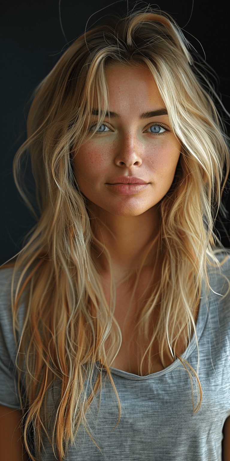AI generated: hyperrealistic photo of a blonde woman with long hair and blue eyes wearing a grey t-shirt, beautifu...