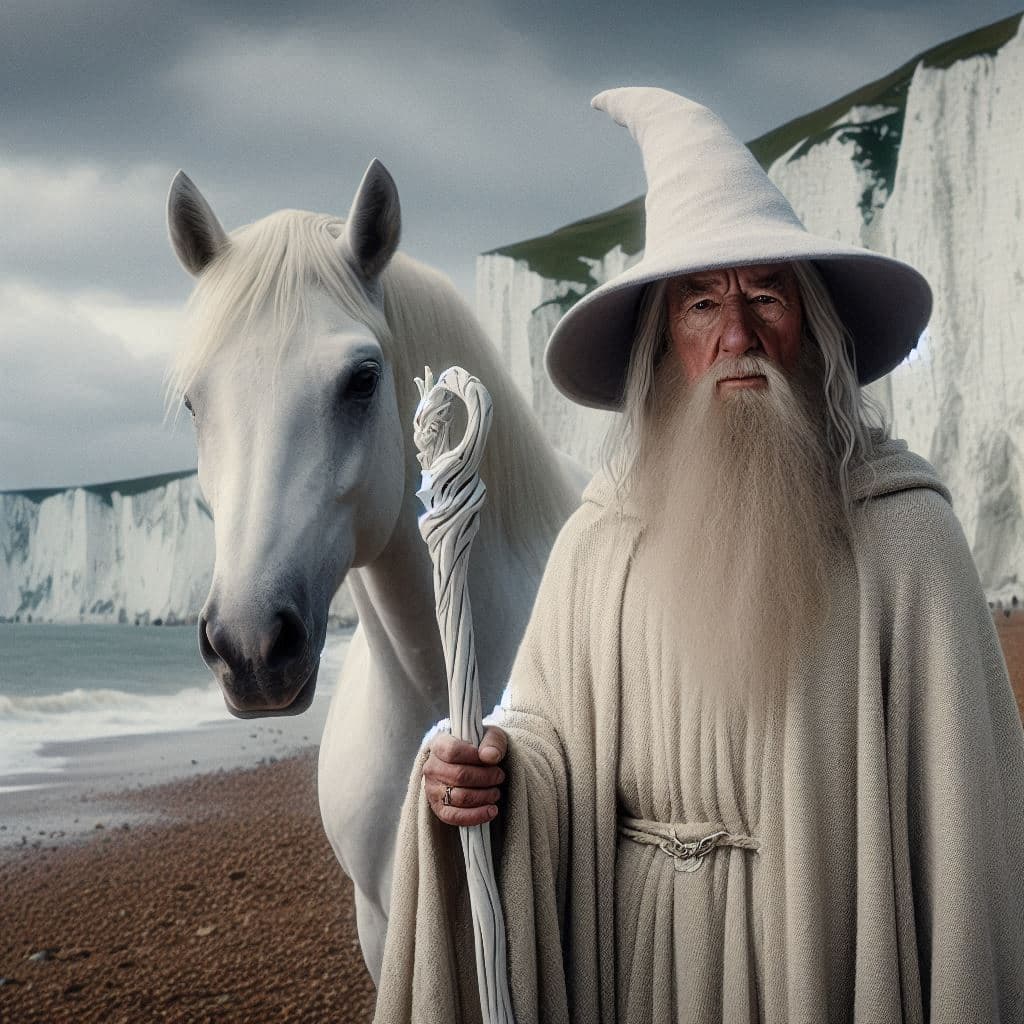AI generated: ultra realistic, 35mm, image of a large 3D, The Lord of The Rings Gandalf, wearing his signature whi...